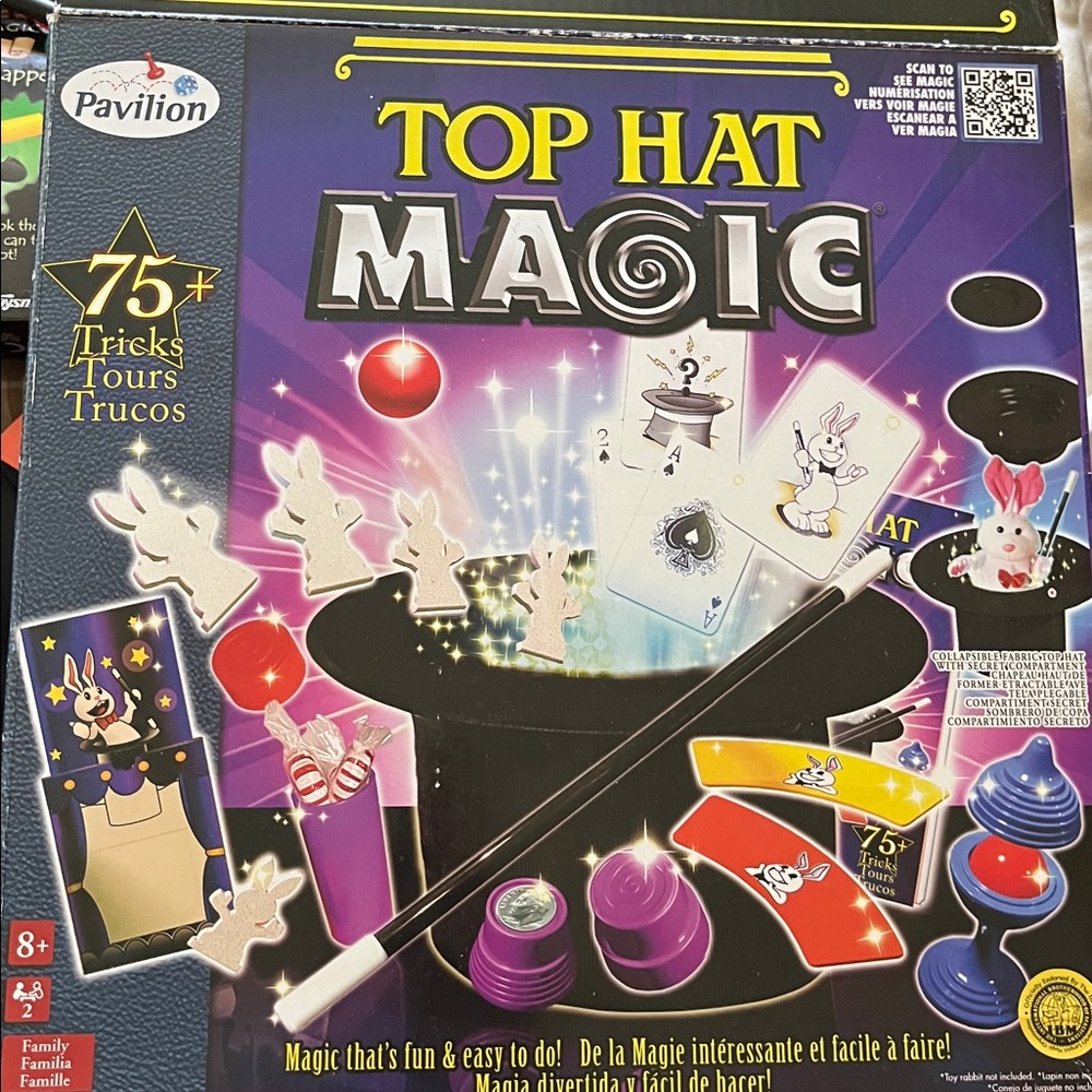 Top Hat Magic Kit Magic 75 Trick Set with box Directions, Top Hat Wand Cards EUC